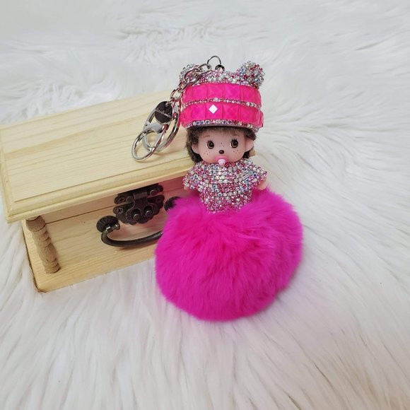 GreenSnooker Monchichi Rabbit Fur Fuchsia Keychain, Bag Pendant - Picture 9 of 10
